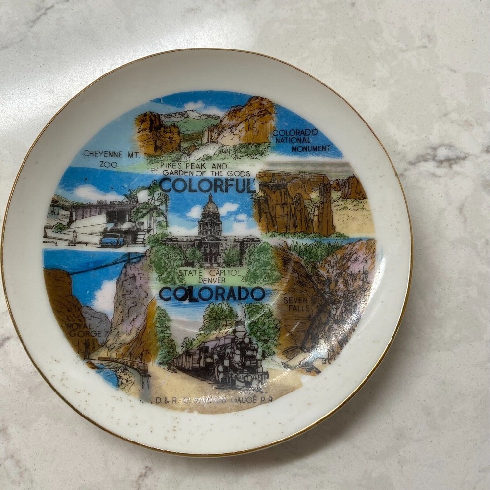 Vintage Colorful Colorado State Gold-Trim‎ Decorative 4" Souvenir Small Plate